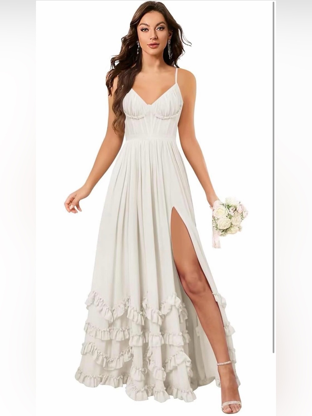 NWT Ivory A-Line V Neck Layered Chiffon Formal Long Wedding Guest Dress 16